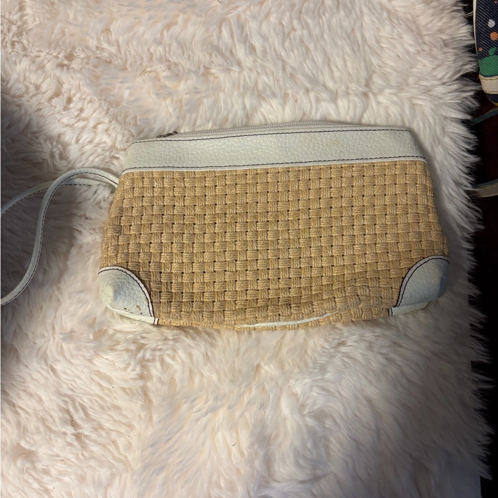Woven Straw Crossbody Bag with White Leather Trim
